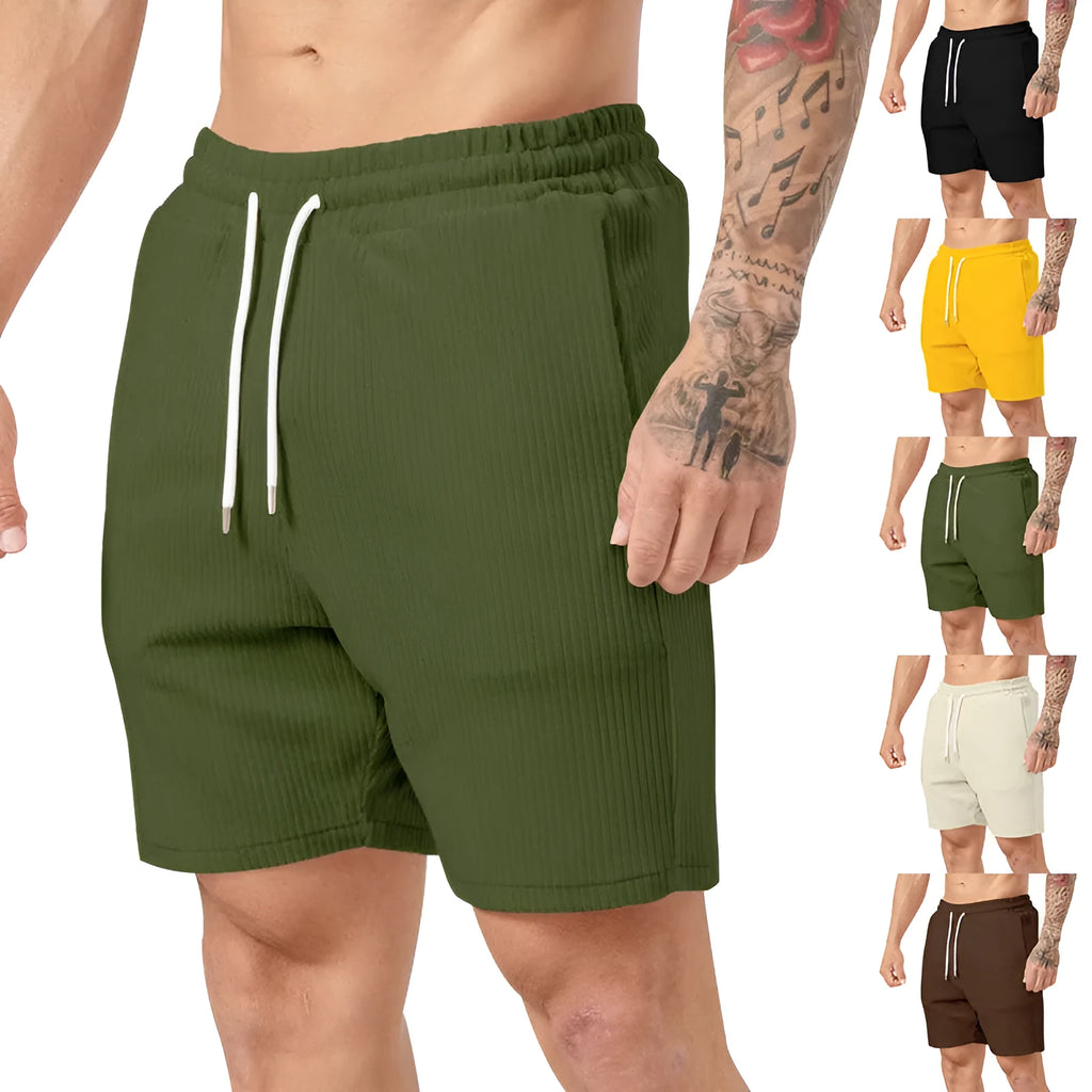 Men's simple casual shorts in chemical fibre blend, straight leg, available in black, yellow, army green, apricot, and brown