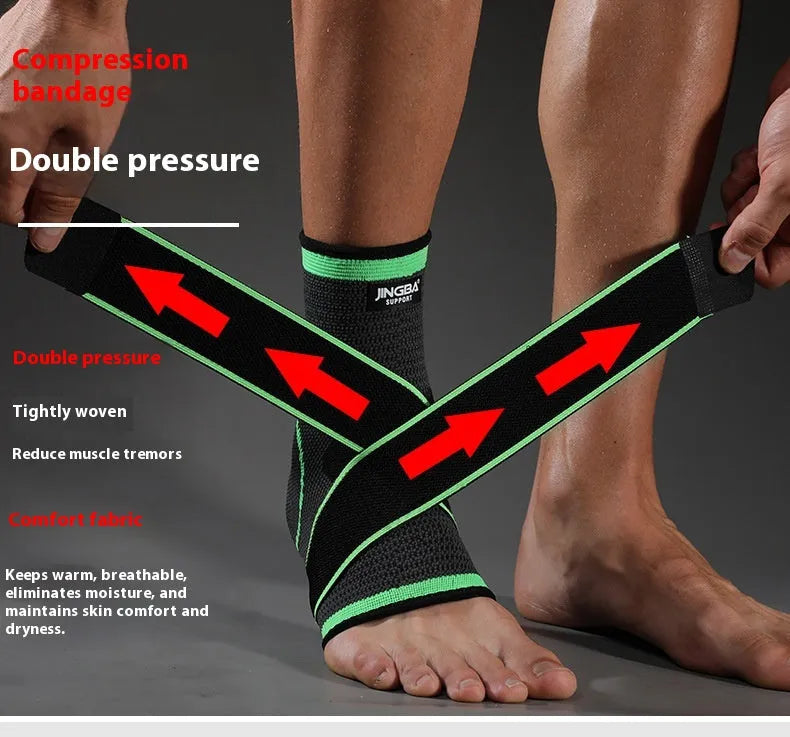 Sports ankle support in orange, black, and green colours shown for adult use in running and basketball.