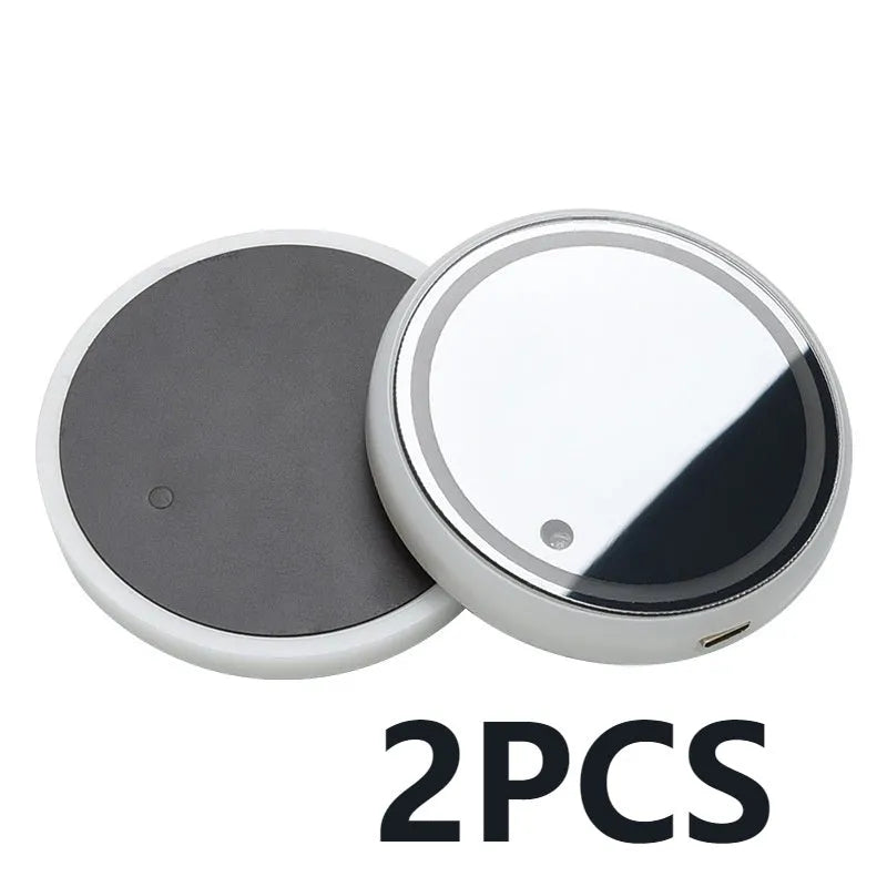 Colourful LED light-up coaster for car cup holder with USB cable on a car centre console.