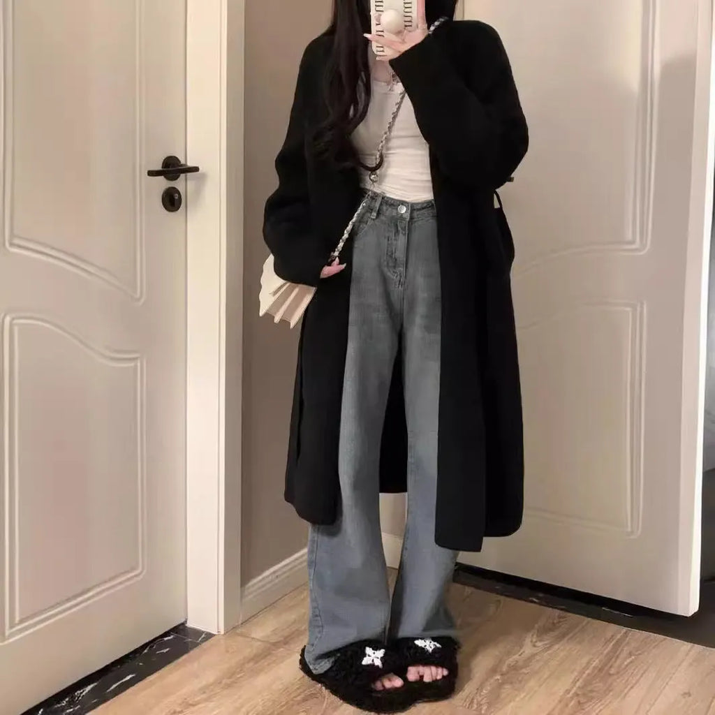 Women's 65cm knitted cardigan with V-neck and long sleeves in polyester fabric