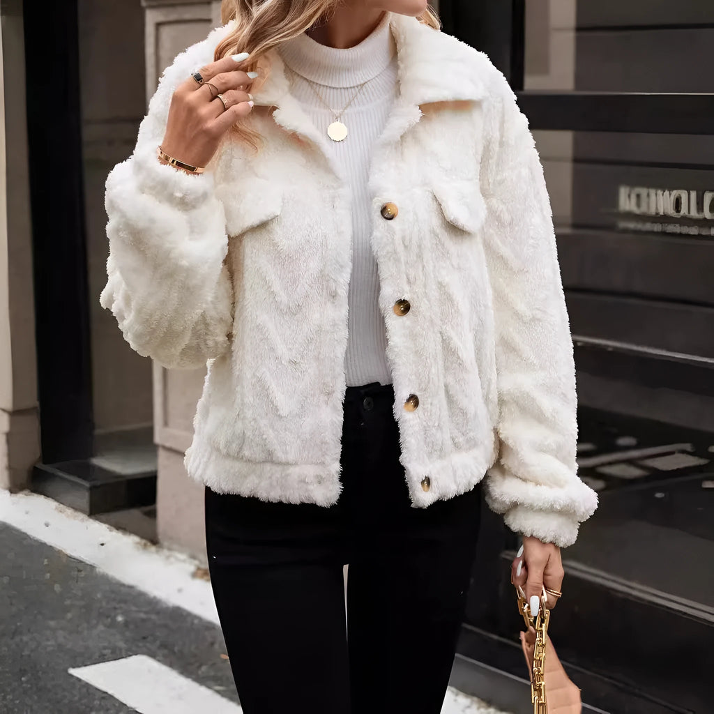 Women's ivory white double-sided plush cardigan with button front and long sleeves