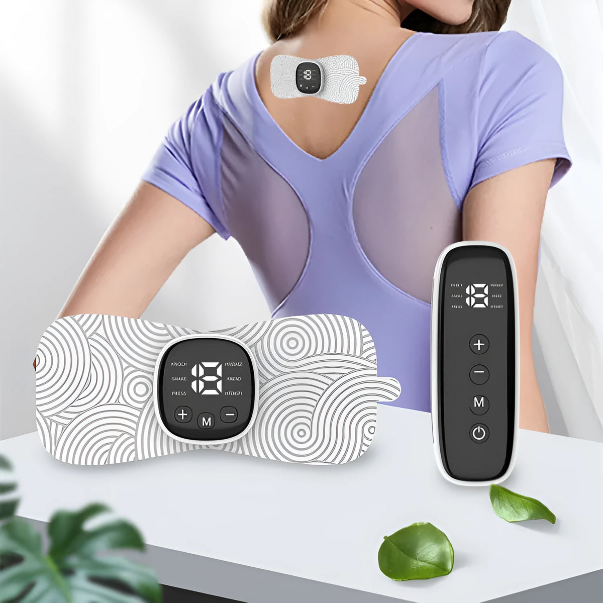 Portable shoulder neck massager with remote control, 6 modes, black and white pattern, with patch and hot massage stick.