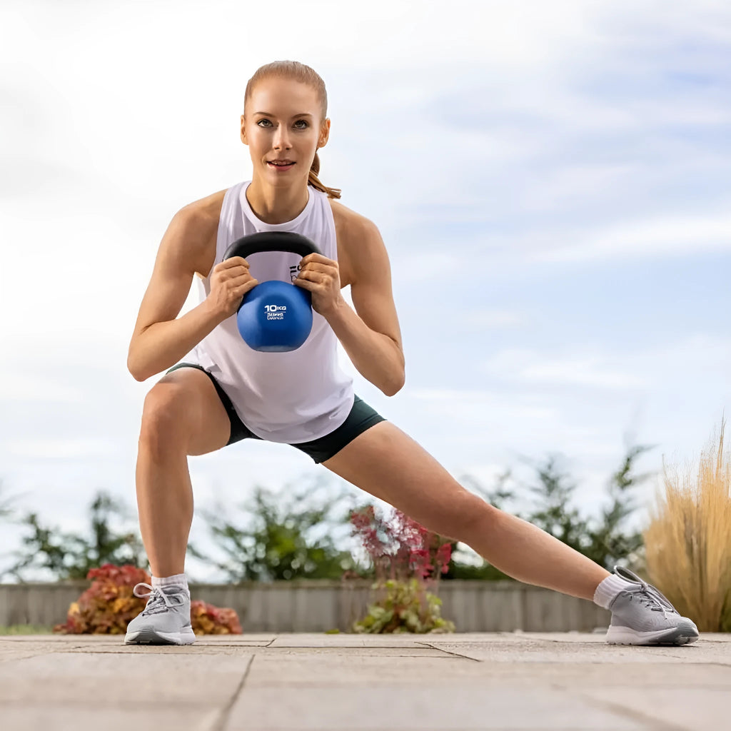 Blue cast iron dumbbell weighing 10 kg with teapot-style handle for home strength training