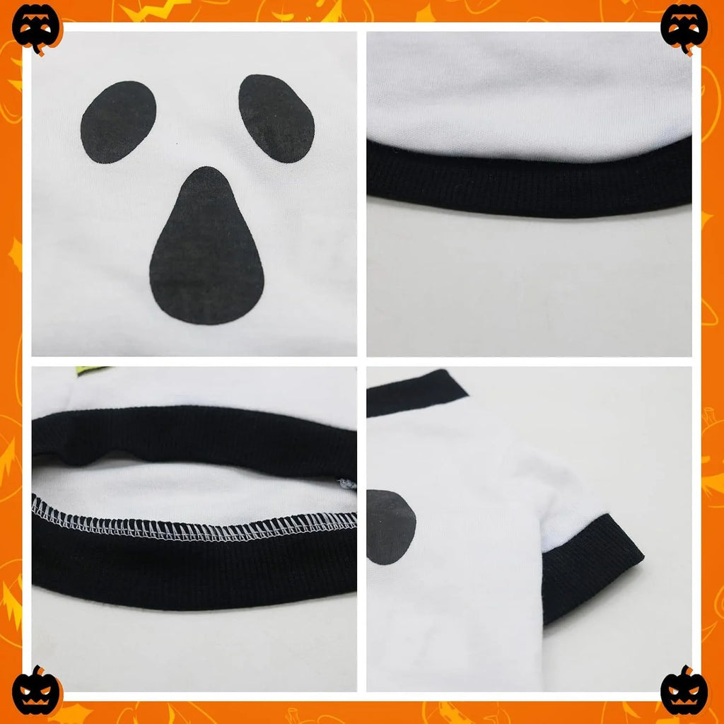 Halloween pet sweatshirt in orange and white cotton with skeleton pattern, ribbed collar and cuffs, sizes XS to XL.