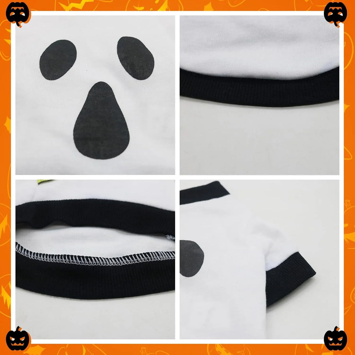 Halloween pet sweatshirt in orange and white cotton with skeleton pattern, ribbed collar and cuffs, sizes XS to XL.