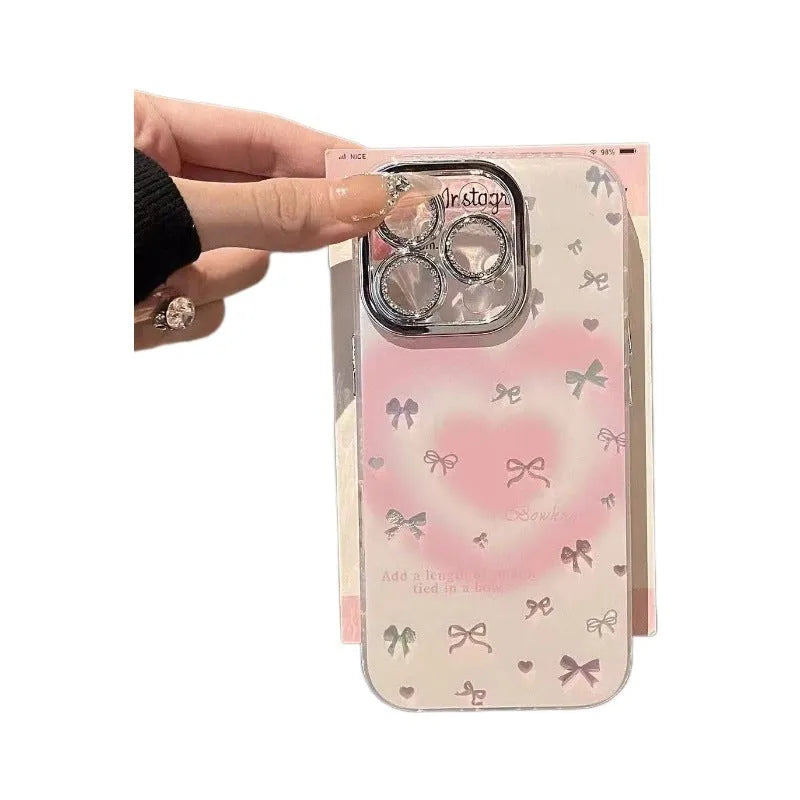 Heart Blush Bow Apple iPhone case in fine hole feather Shell A, PC back cover with bracket and painted craft