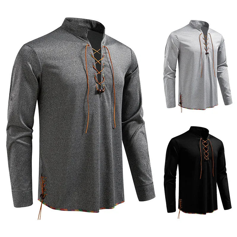 Men's stand-up collar long sleeve T-shirt with drawstring, slim fit pullover in light gray, dark gray, or black