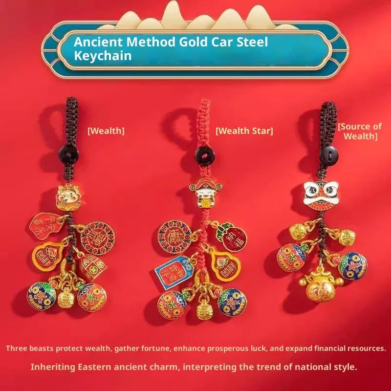 Vintage sand gold metal Pixiu keychain with God of Wealth coin charm for car keys and phone straps