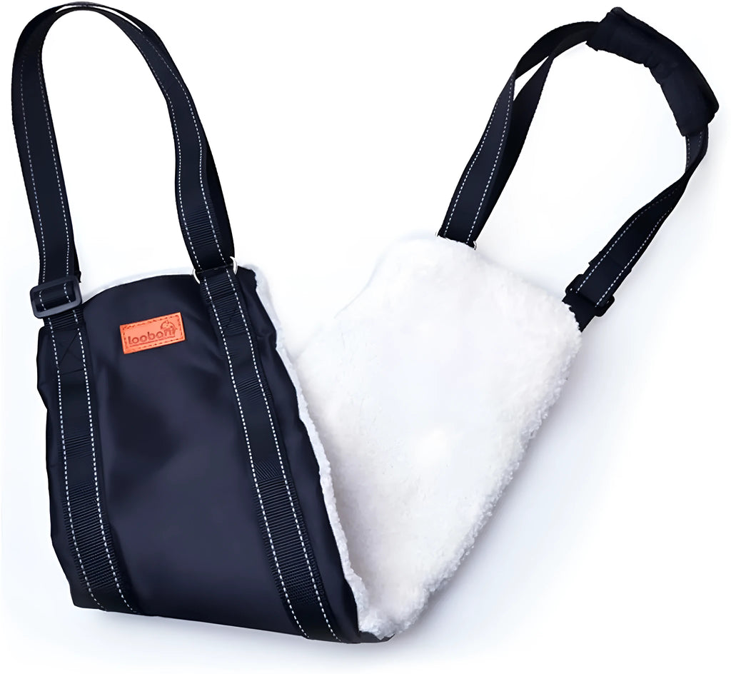 Adjustable dog hip support sling with nylon straps and soft lining for hind leg mobility assistance.
