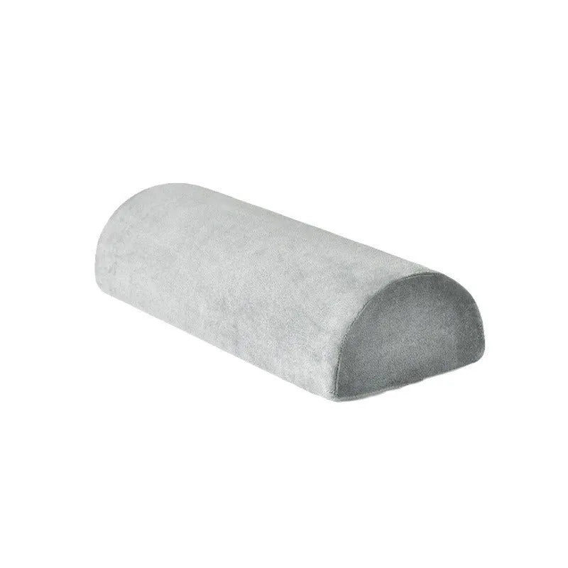 Grey crystal velvet half cylinder foot pillow, 42 x 18 x 10cm, with memory foam filling for under-desk use.