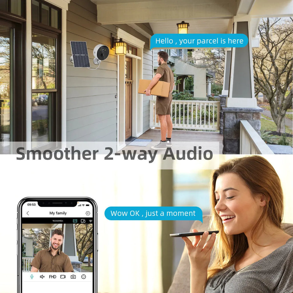 Solar-powered outdoor security camera with solar charging panel