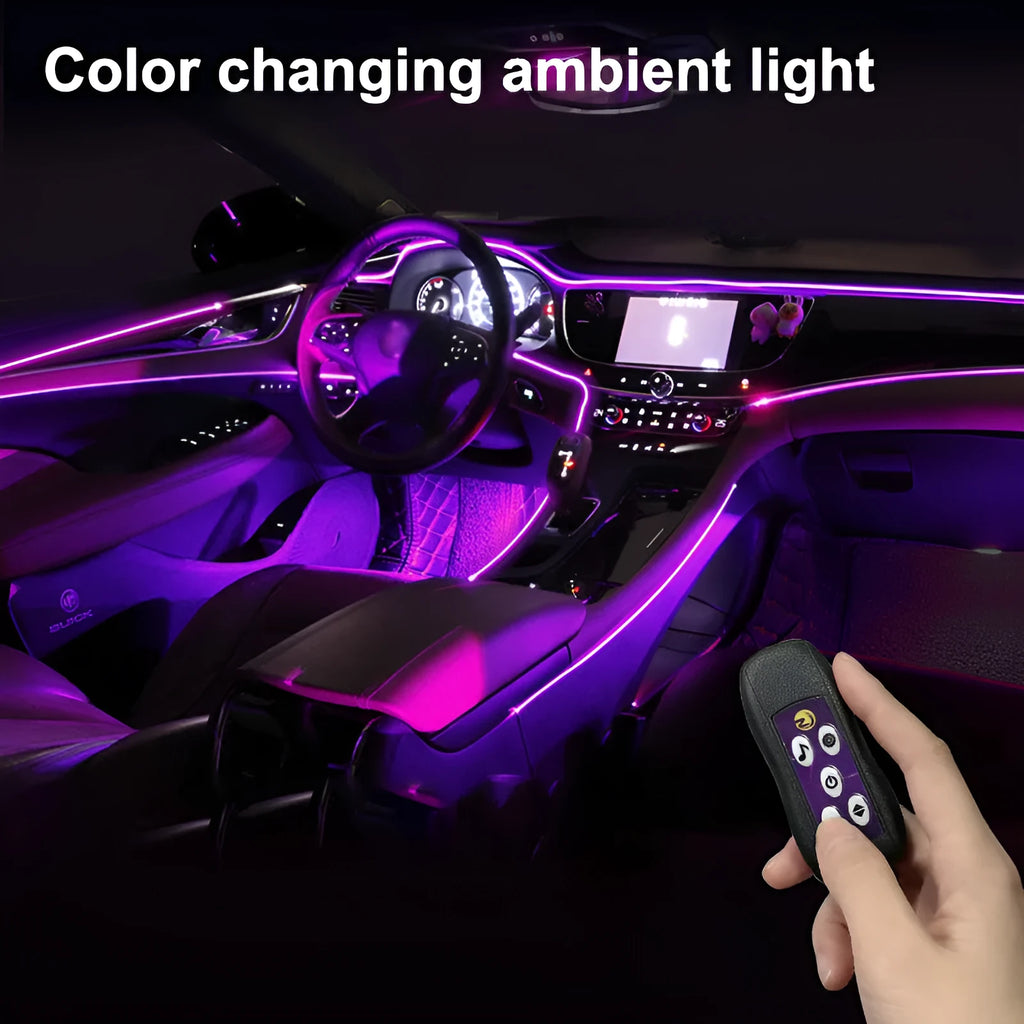 Car interior LED atmosphere light strips installed along dashboard and centre console with colour-changing illumination