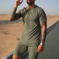 Men's cotton blend sports suit with T-shirt and shorts in gray, black, army green, camel