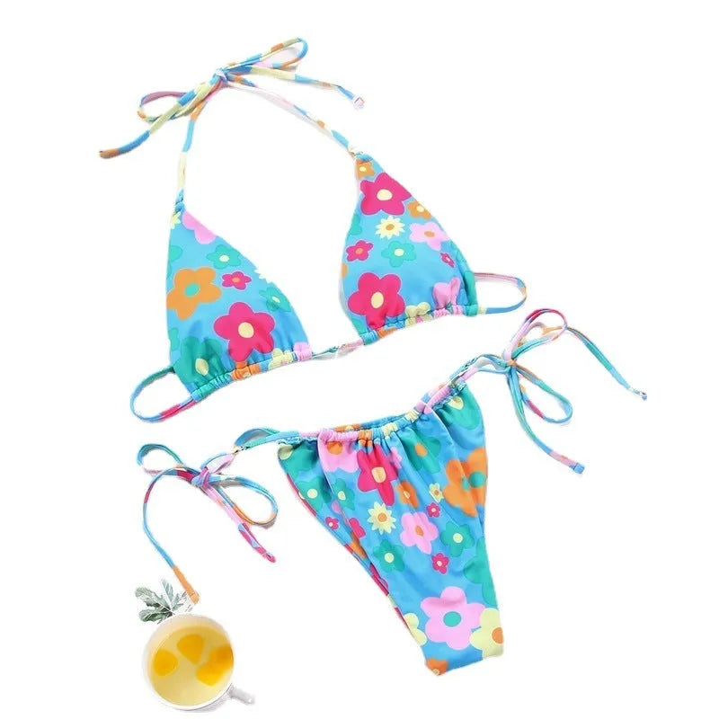 Women's polka dot print split swimsuit bikini set with floral and gradient pattern options