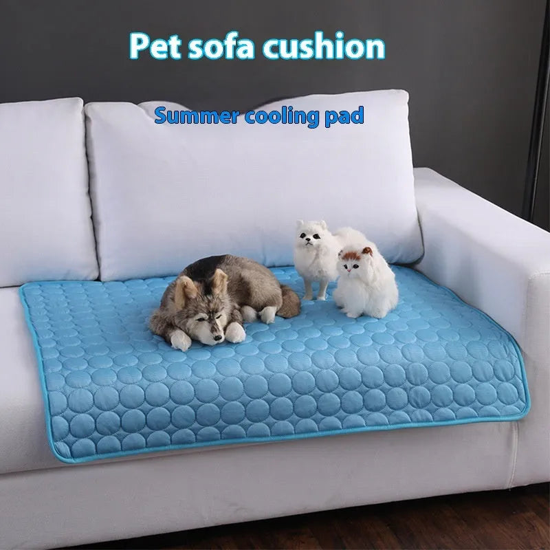 Ice silk dog cooling mat in blue edging, breathable mesh pet cold bed for small big dogs and cats
