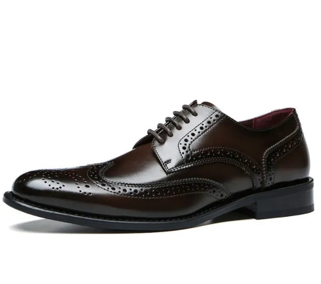 Men's genuine leather business casual dress shoes in black with two-layer cowhide upper and rubber sole