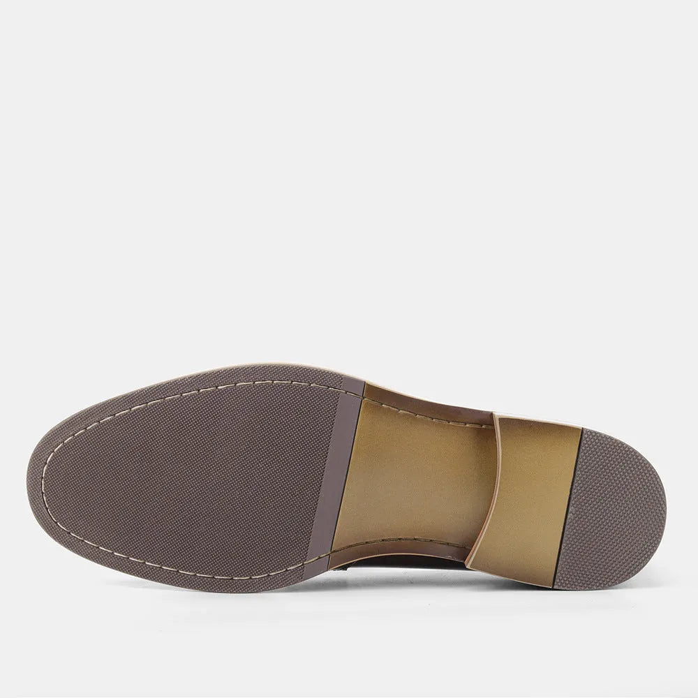 Wood grain tassel loafers, low-top slip-on formal shoes with leather toe cap, PU upper, men's footwear