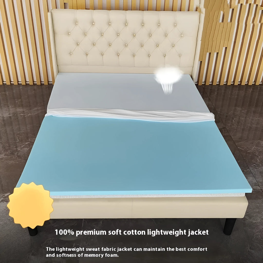 Thin gel memory foam tatami mattress on a floor, showing its slim profile and regenerated cellulose fabric cover.