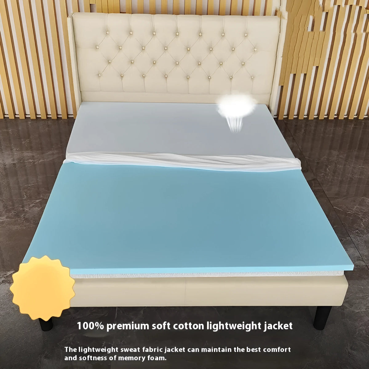Thin gel memory foam tatami mattress on a floor, showing its slim profile and regenerated cellulose fabric cover.