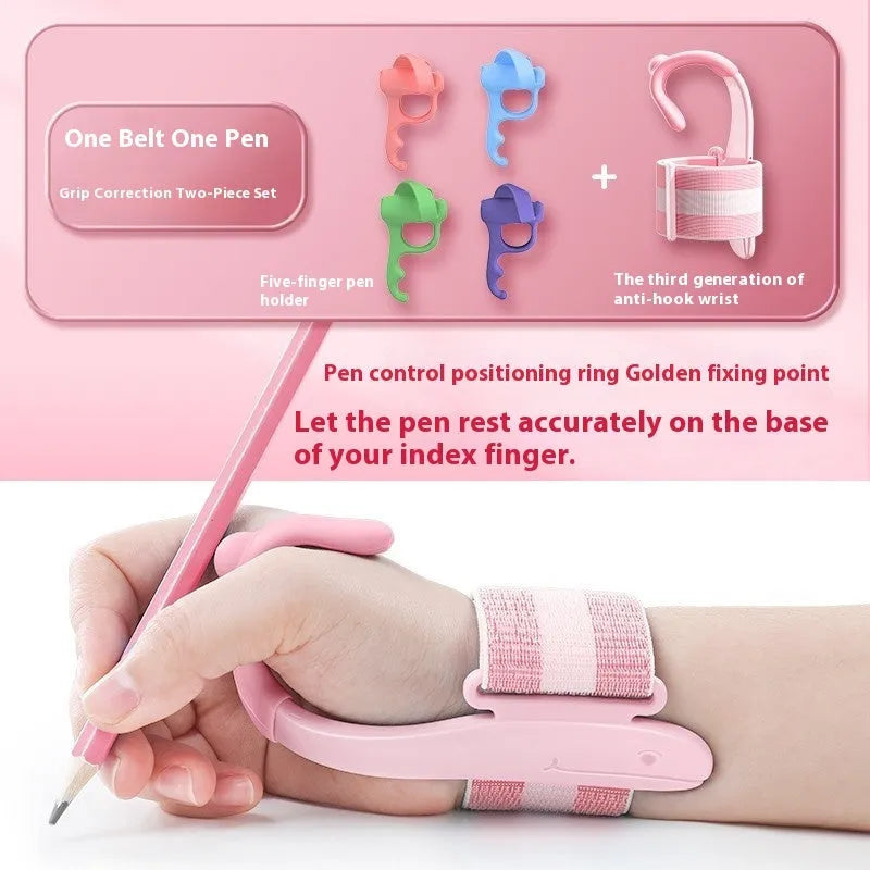 Blue anti-hook wrist brace corrector for handwriting posture and pencil grip training