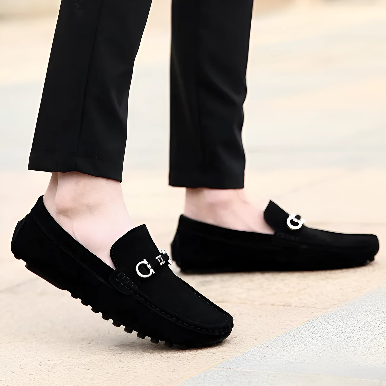 Men's black slip-on leather shoes with square toe and matte cowhide construction