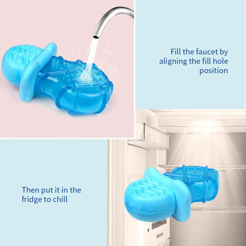 Water-filled dog popsicle cooling toy set showing pacifier, popsicle and ring shapes for summer pet relief