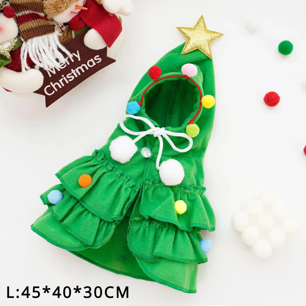 Green and red Christmas pet cloak dog shawl in sizes S M L with width height and head measurements