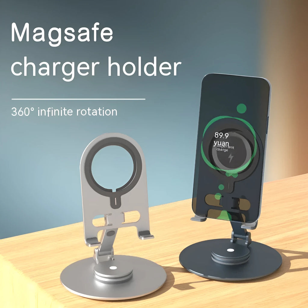 Alloy desktop rotary stand for mobile phone and tablet with wireless charging, in silver colour