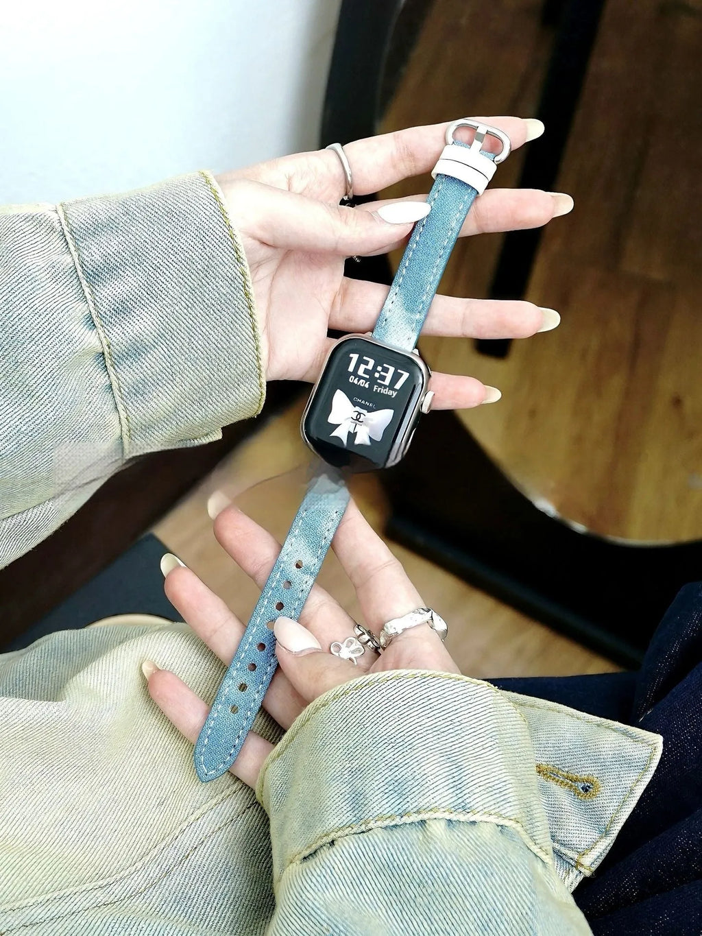 Washed denim watch band in dark blue, light blue, or black for 38mm to 49mm watch cases