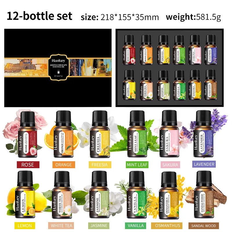 Boxed set of water-soluble aromatherapy essential oil bottles for diffuser use