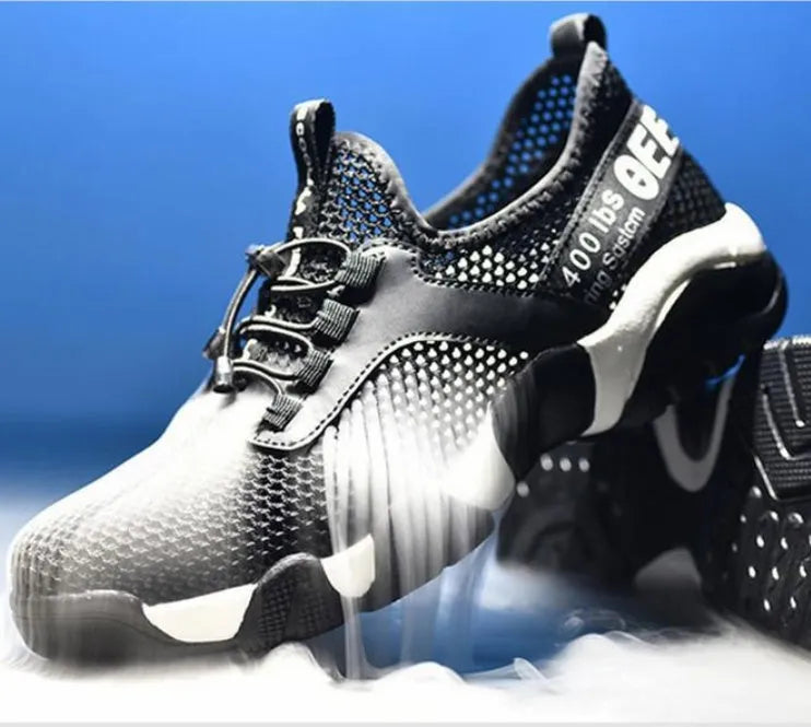 Black breathable mesh work safety shoes with rubber sole, sizes 35 to 48