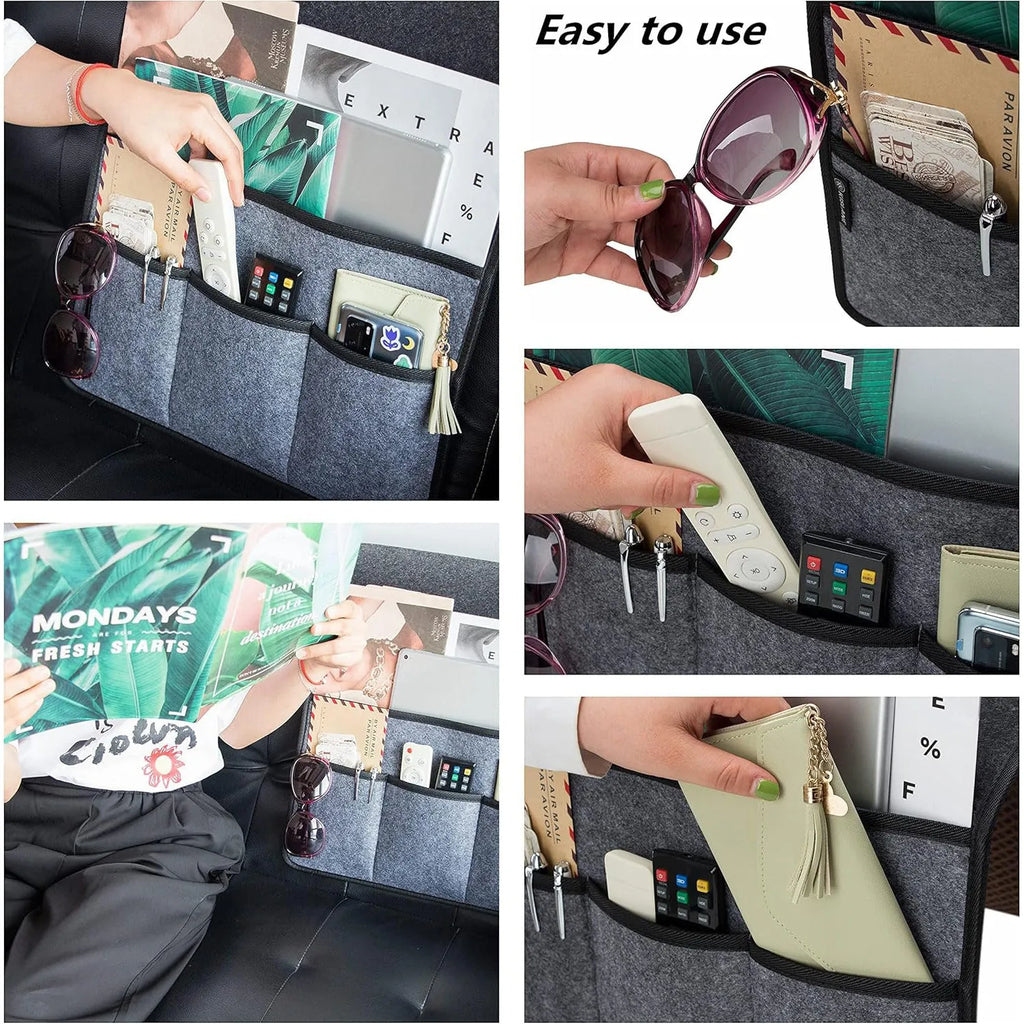 Beige felt phone organising shopping bag on a sofa with a mobile phone inside