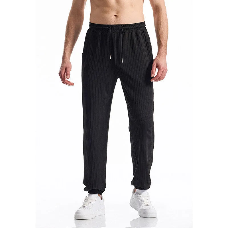 Silky rib fabric baggy straight casual trousers in black with drawstring waist and belt