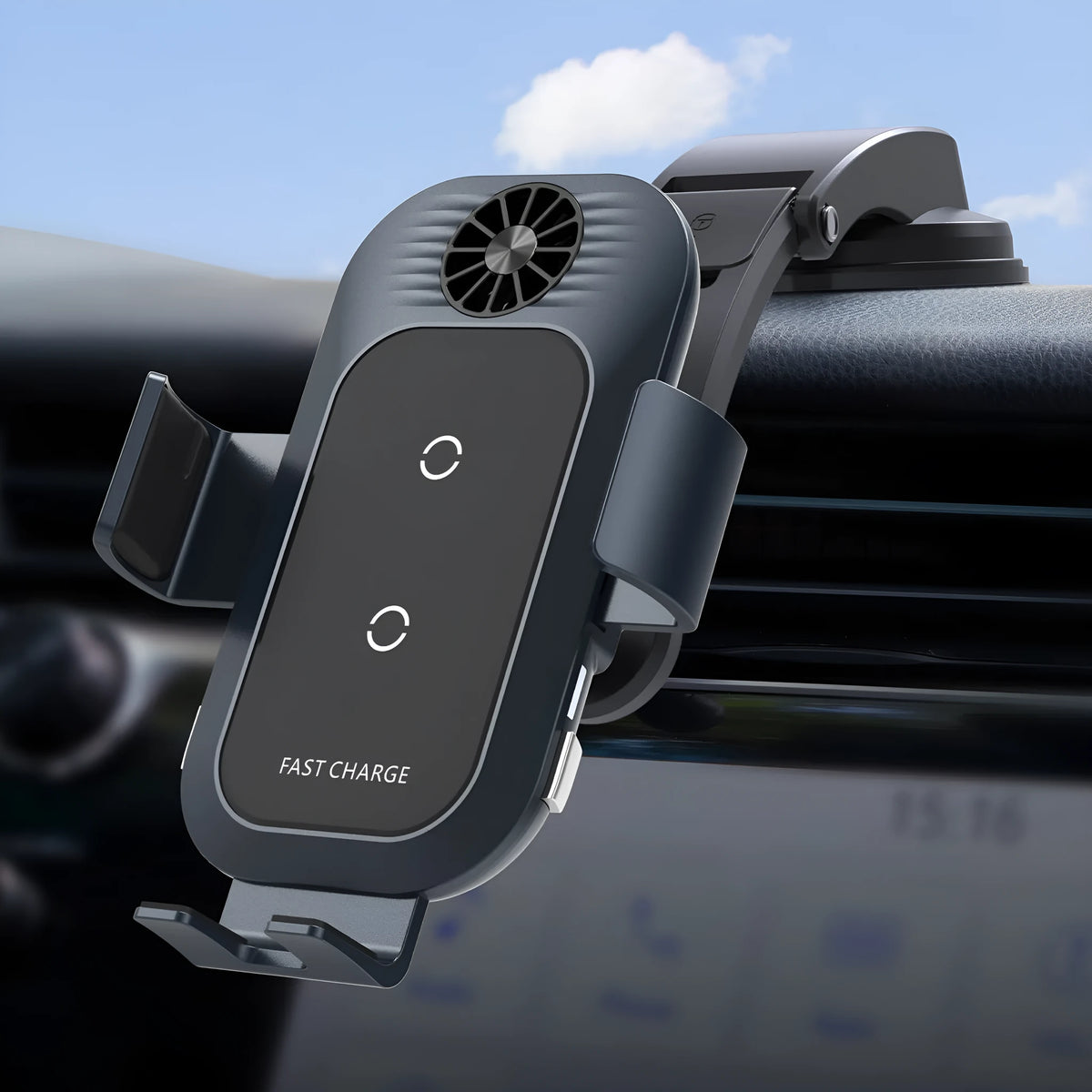 Black car wireless phone charger mounted on air vent with smartphone charging automatically clamped