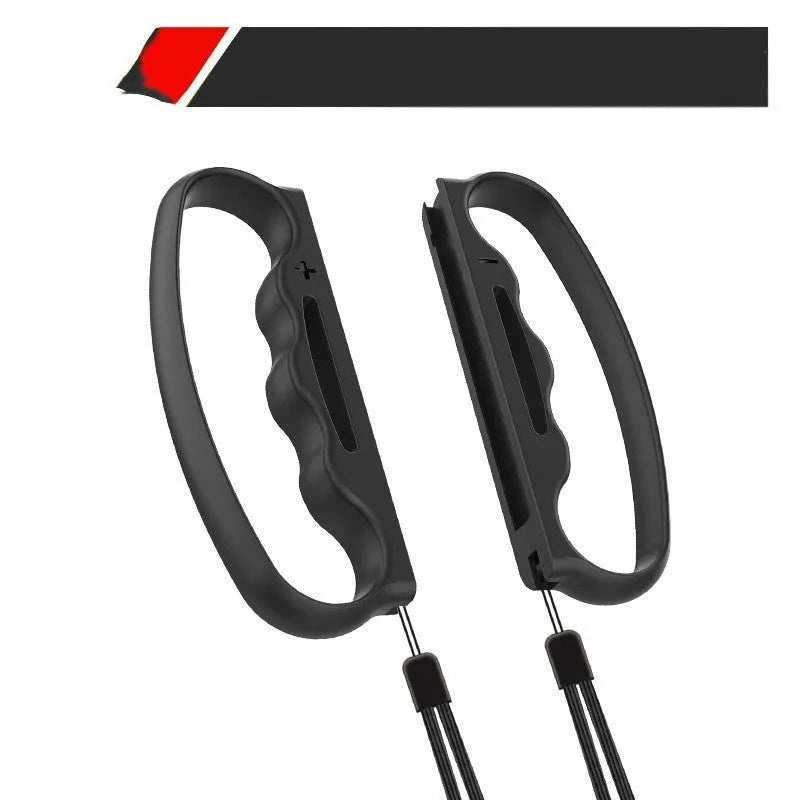 Two black Joy-Con controller grip sets with hand ropes shown beside Nintendo Switch console