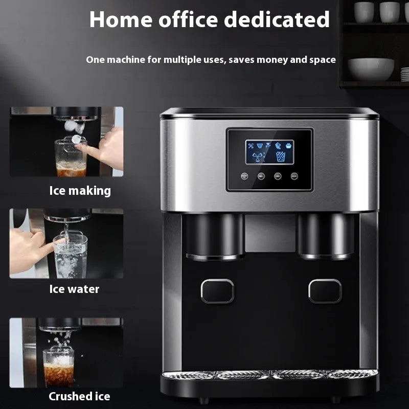 Black desktop ice maker with ice crushing and cold water functions on countertop