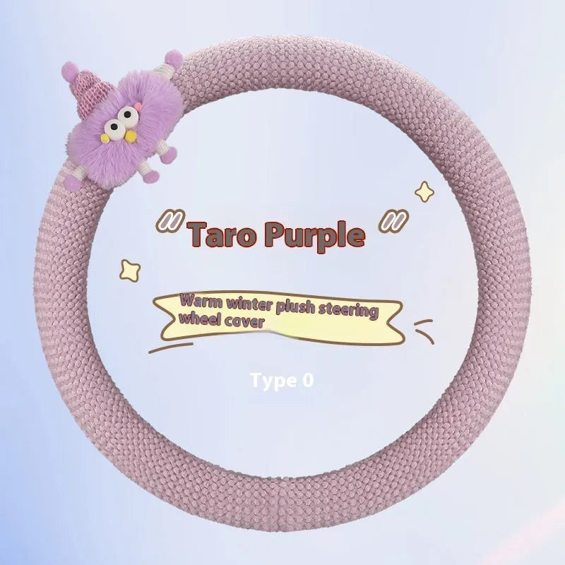 Car plush polo cartoon steering wheel cover in soft short plush material with 38cm diameter in multiple colour options