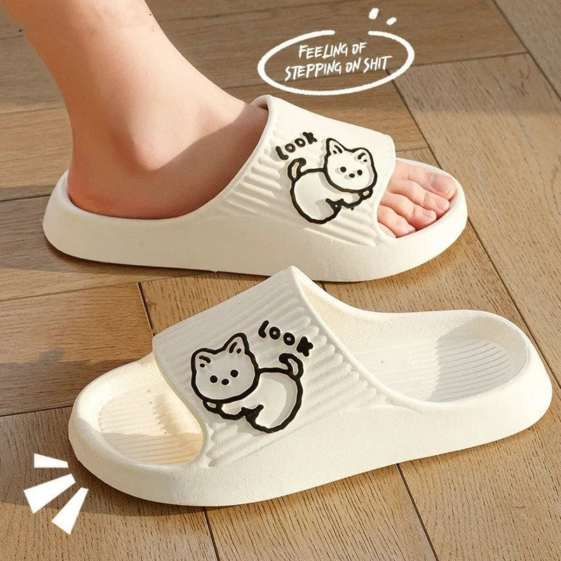 Cat-themed flip-flop slippers with thick EVA platform sole in seven colour options