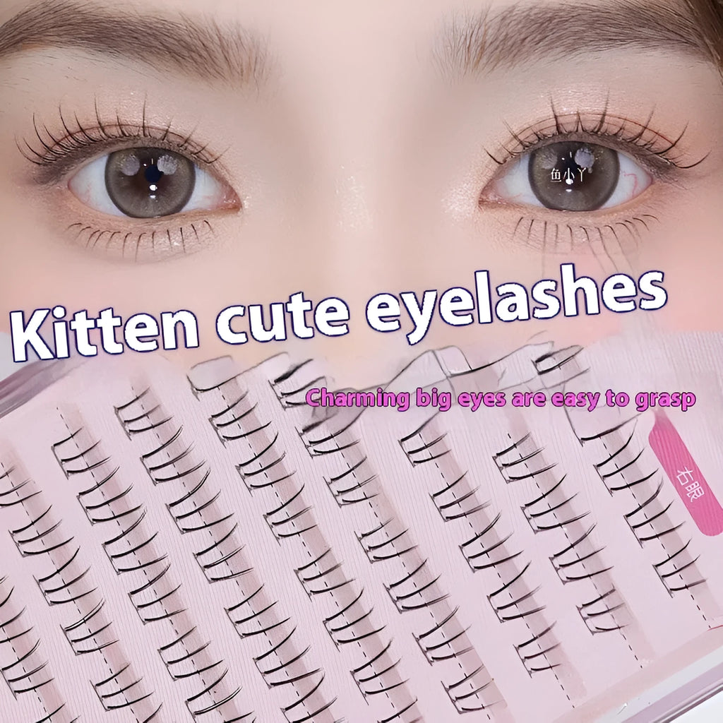 Close-up of Kitten's Paw lower false eyelashes with segmented sheer root and graduated 4-5-6mm lengths on 12 rows.
