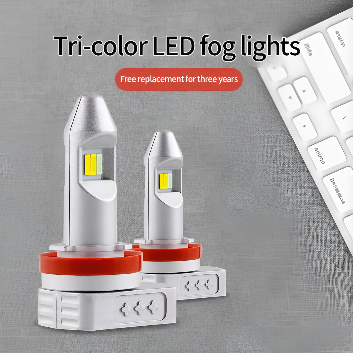 LED fog lamp retrofit bulb with aluminium housing shown alongside H8 H11 9005 format options