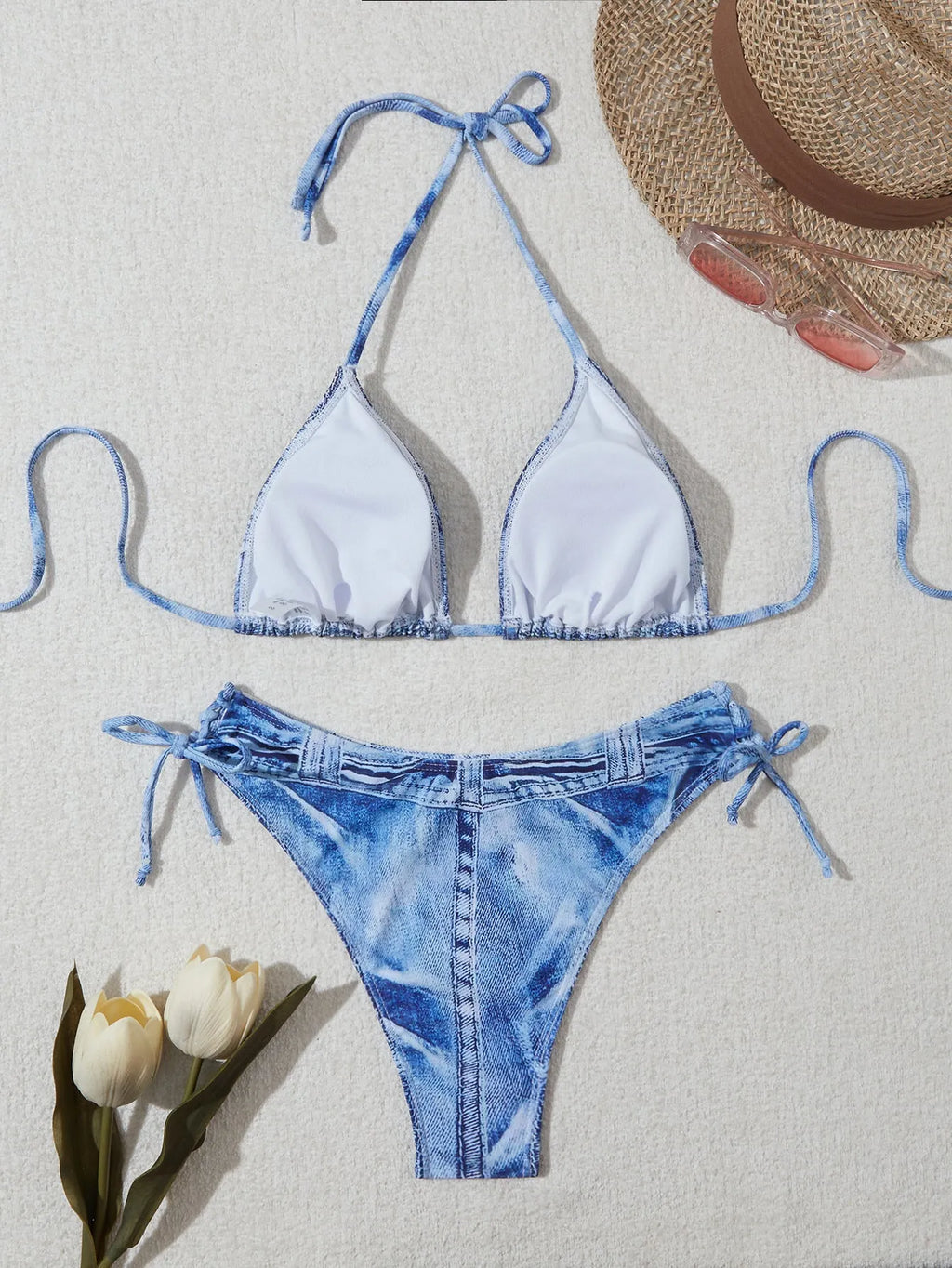 Denim blue printed women's bikini set with strap design