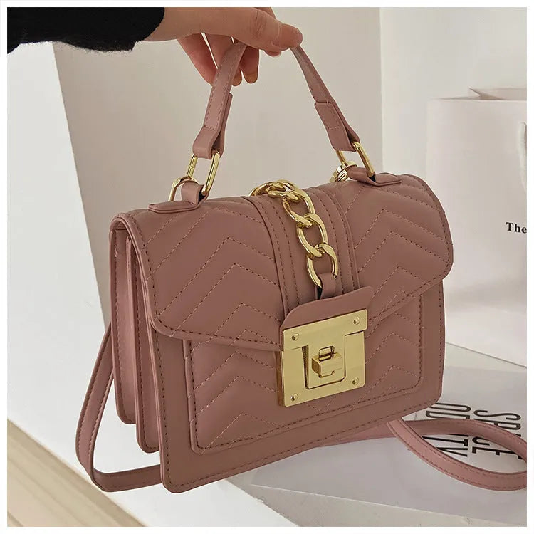 PU one shoulder small square bag in solid colour with plaid chain and adjustable strap