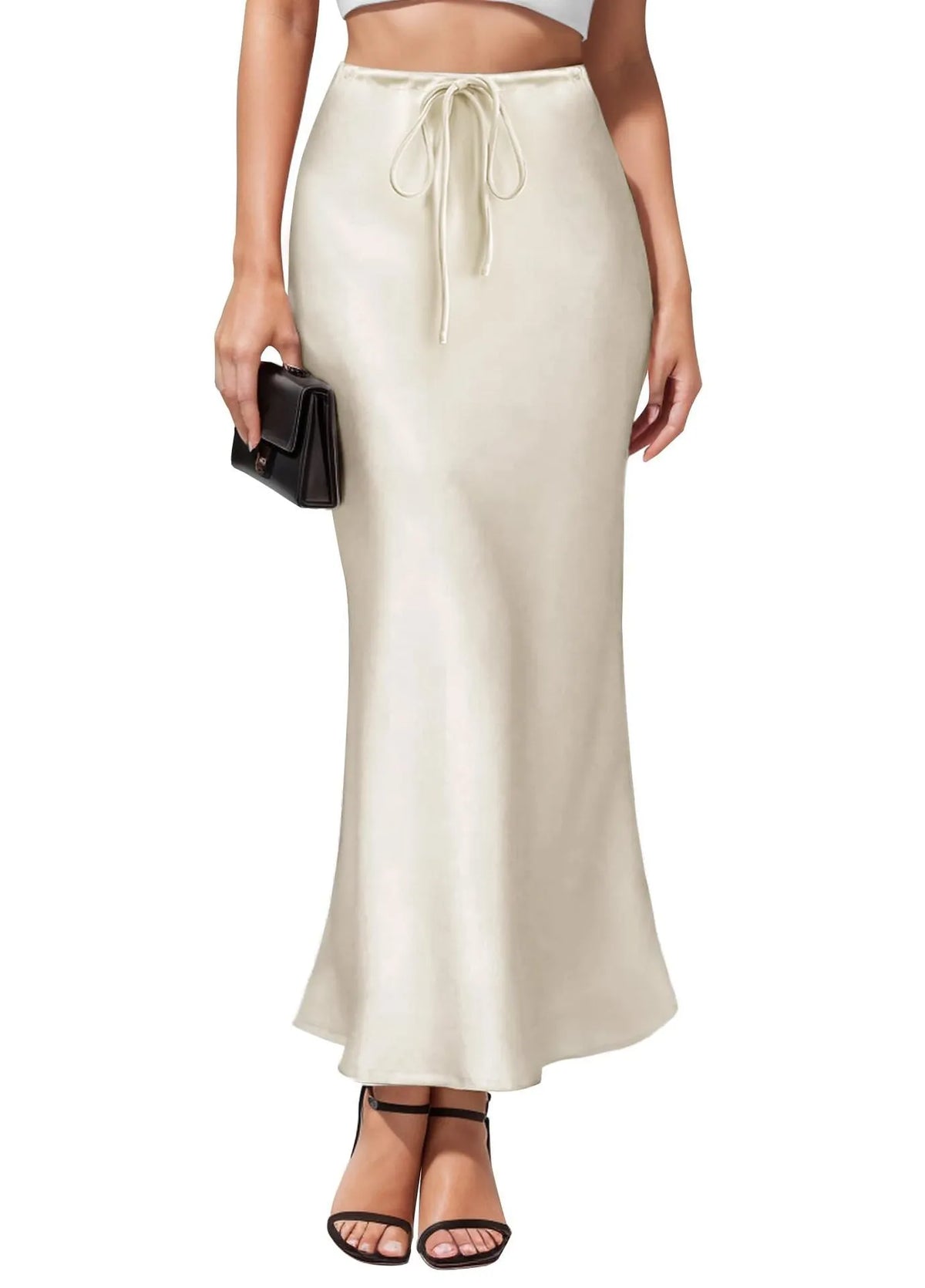 Asymmetric high waist skirt in acetate satin fabric with irregular stitching detail, shown in a choice of colours.