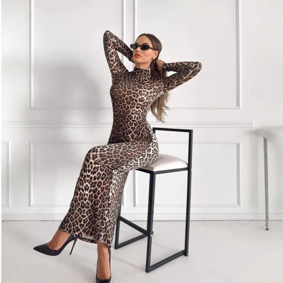 Leopard print women's dress with stand collar and long sleeves in high waist design