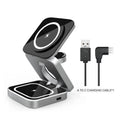 Three-in-one desktop wireless charging bracket unfolded on desk with iPhone, Samsung phone, and Google Pixel Watch positioned for charging