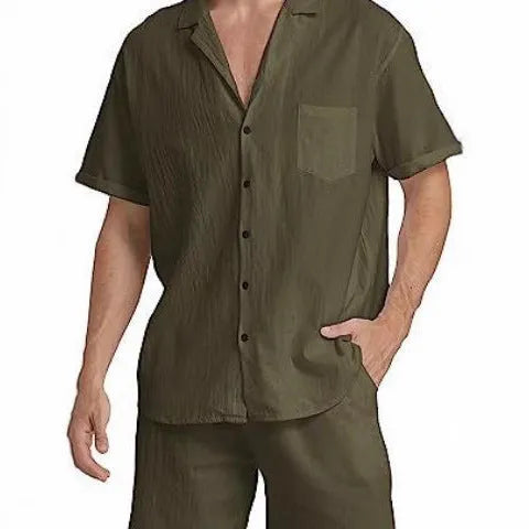 Men's grey flax linen short-sleeve top and matching shorts suit laid flat