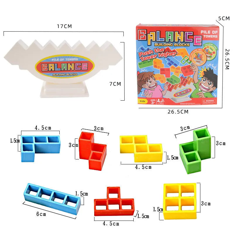 Plastic balance stacking game with 16 colourful blocks and chassis for family play