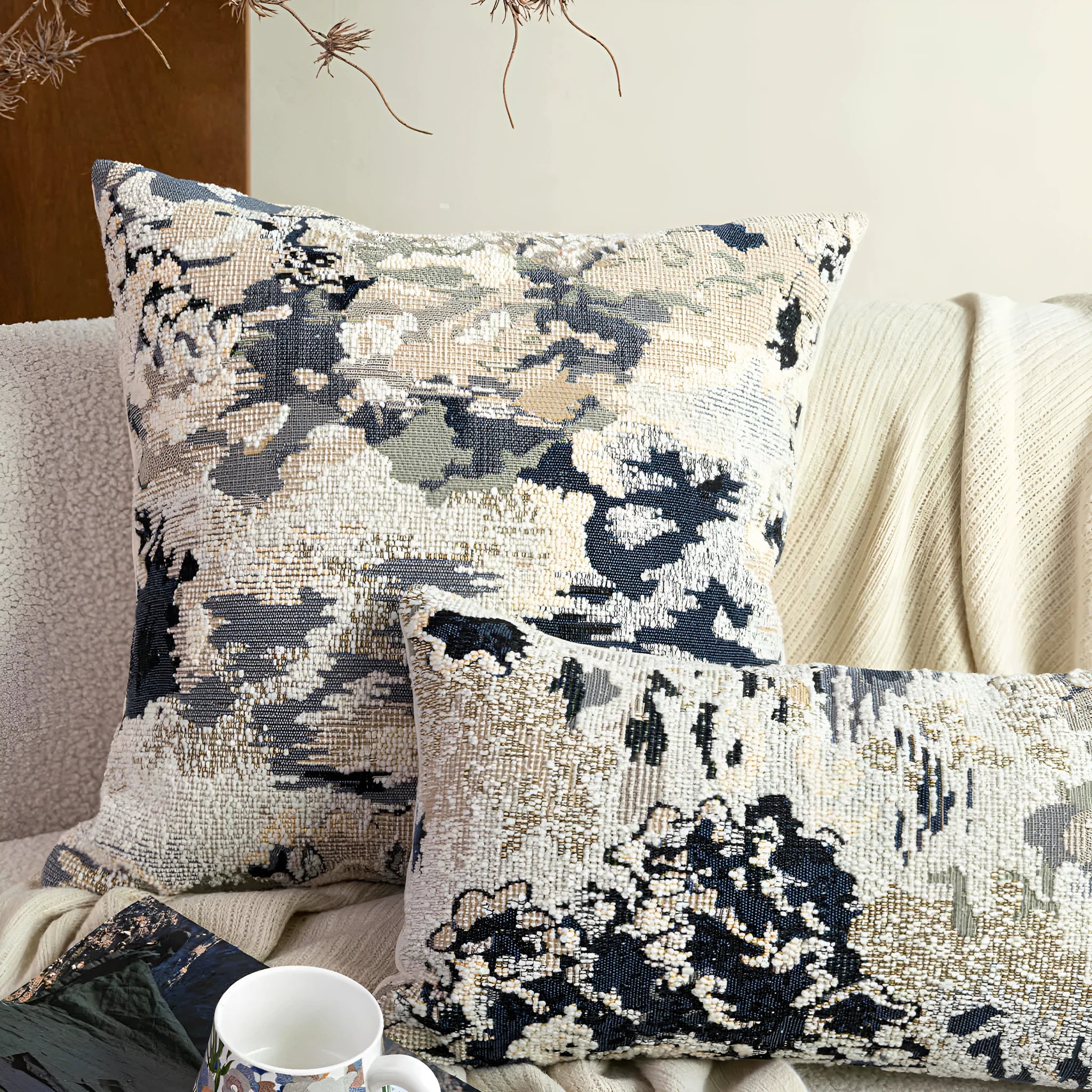 Antique blue wool blend floral decorative cushion in Chinese style, shown in square and waist pillow sizes.