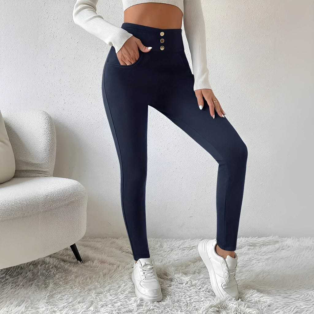Women's navy blue high-waist casual trousers with straight leg design and micro-elastic fabric