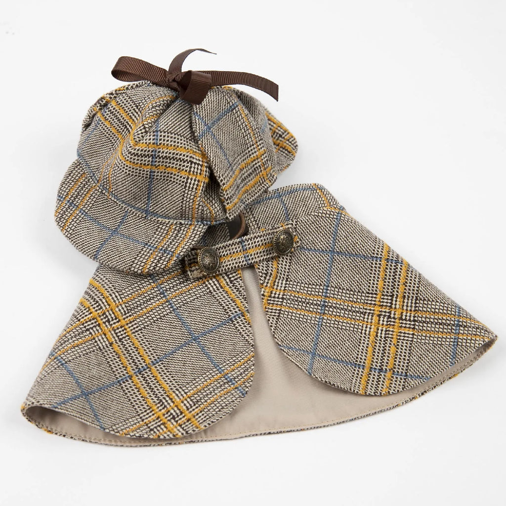 Camel-coloured cotton cloak pet clothes with an adjustable hat, shown on a mannequin.